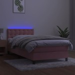 vidaXL Pat cu arcuri, saltea și LED, roz, 90x190 cm, catifea