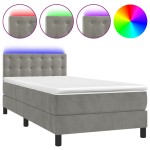 vidaXL Pat cu arcuri, saltea și LED, gri deschis, 90x200 cm, catifea vidaXL Pat cu arcuri, saltea și LED, gri deschis, 90x200 cm, catifea