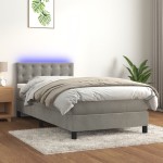 vidaXL Pat cu arcuri, saltea și LED, gri deschis, 90x200 cm, catifea vidaXL Pat cu arcuri, saltea și LED, gri deschis, 90x200 cm, catifea