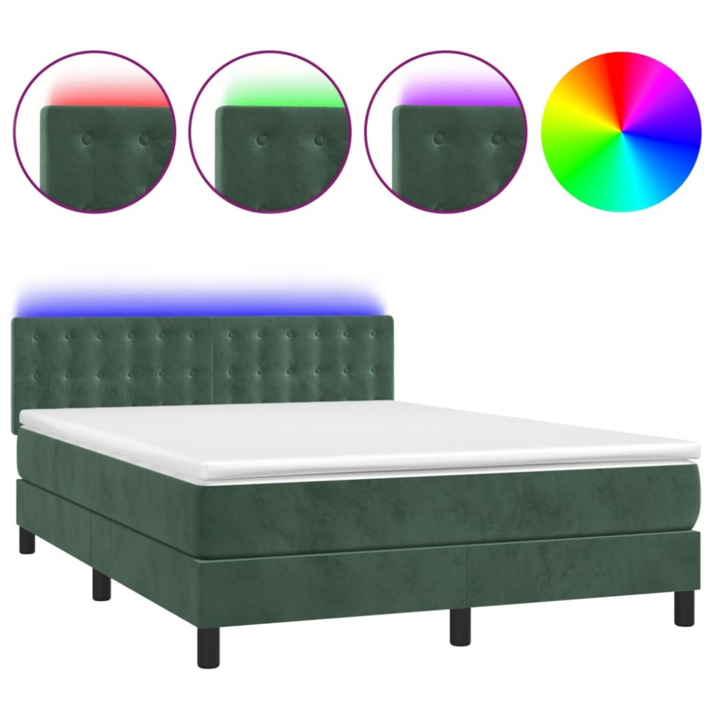 vidaXL Pat cu arcuri, saltea și LED, verde închis, 140x190 cm, catifea