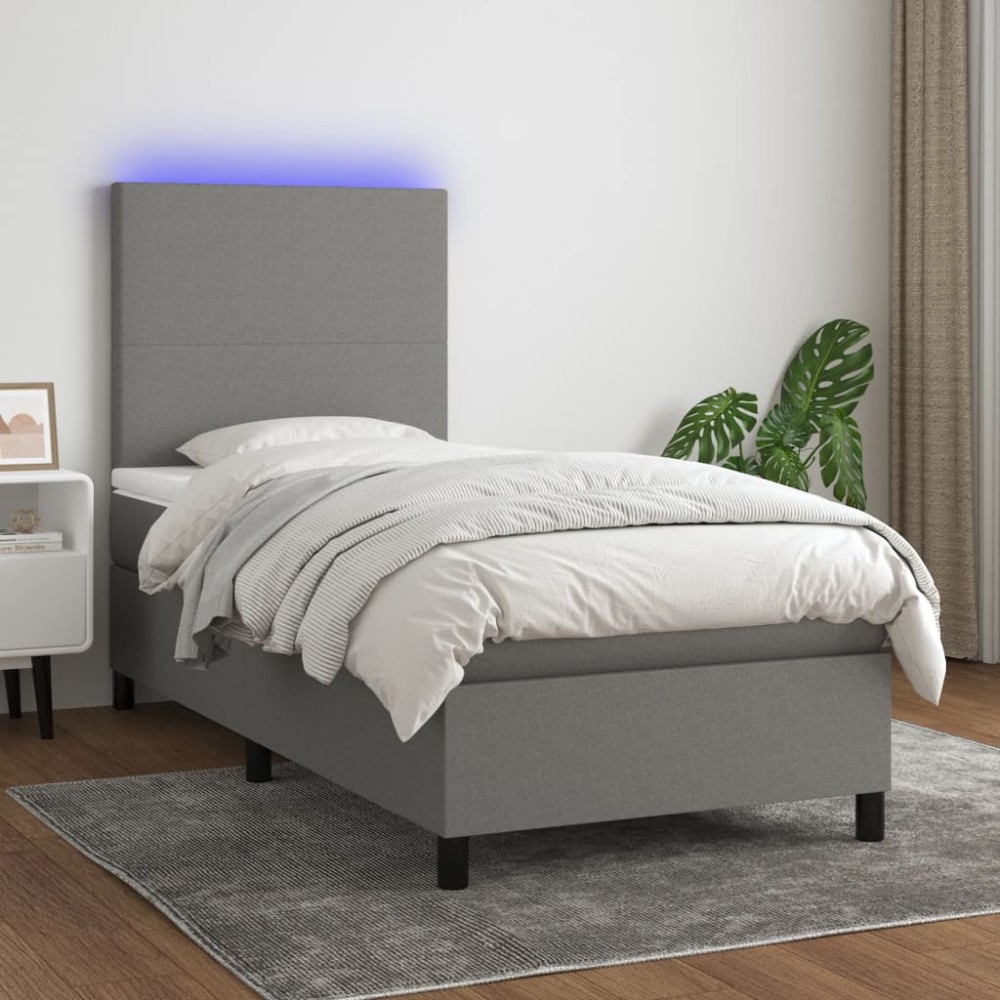 vidaXL Pat cu arcuri, saltea și LED, gri închis, 90x200 cm, textil