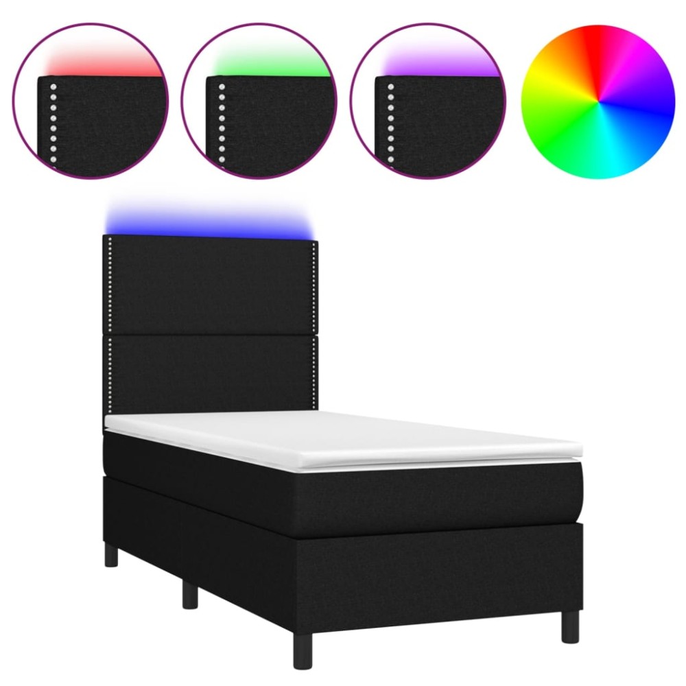 vidaXL Pat cu arcuri, saltea și LED, negru, 90x200 cm, textil