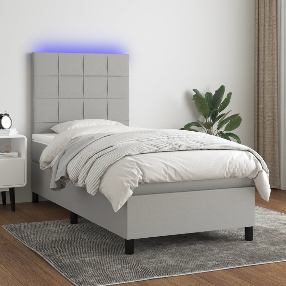 vidaXL Pat cu arcuri, saltea și LED, gri deschis, 90x200 cm, textil