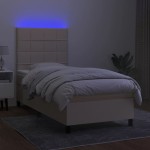 vidaXL Pat cu arcuri, saltea și LED, crem, 100x200 cm, textil
