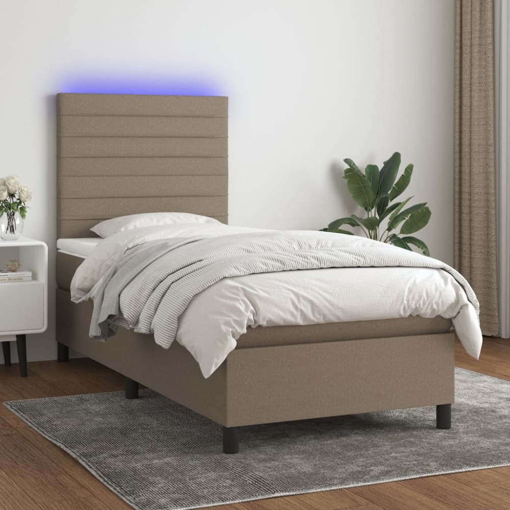 vidaXL Pat cu arcuri, saltea și LED, gri taupe, 90x200 cm, textil