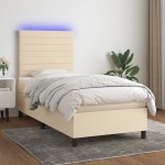 vidaXL Pat cu arcuri, saltea și LED, crem, 90x200 cm, textil