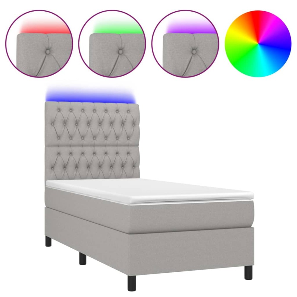 vidaXL Pat cu arcuri, saltea și LED, gri deschis, 90x200 cm, textil