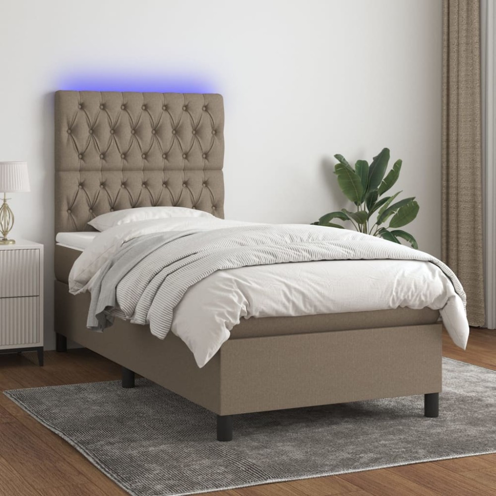 vidaXL Pat cu arcuri, saltea și LED, gri taupe, 90x200 cm, textil