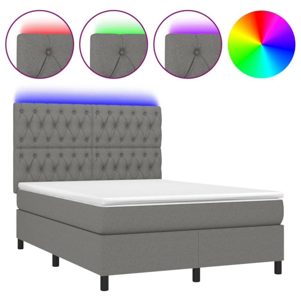 vidaXL Pat cu arcuri, saltea și LED, gri închis, 140x190 cm, textil