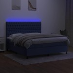 vidaXL Pat cu arcuri, saltea și LED, albastru, 180x200 cm, textil