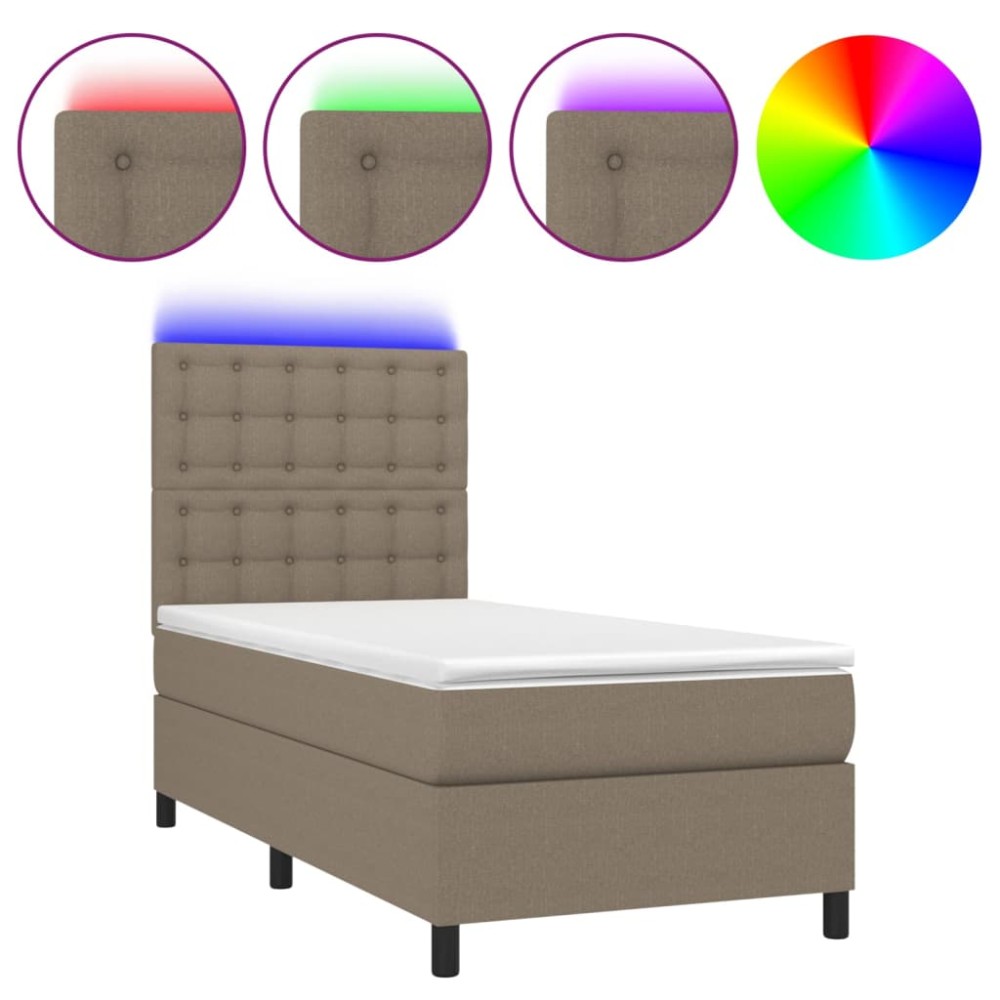 vidaXL Pat cu arcuri, saltea și LED, gri taupe, 90x200 cm, textil