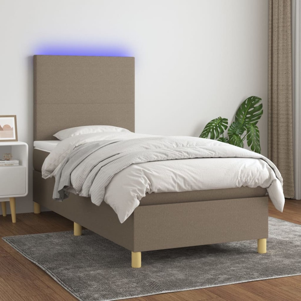vidaXL Pat cu arcuri, saltea și LED, gri taupe, 90x190 cm, textil