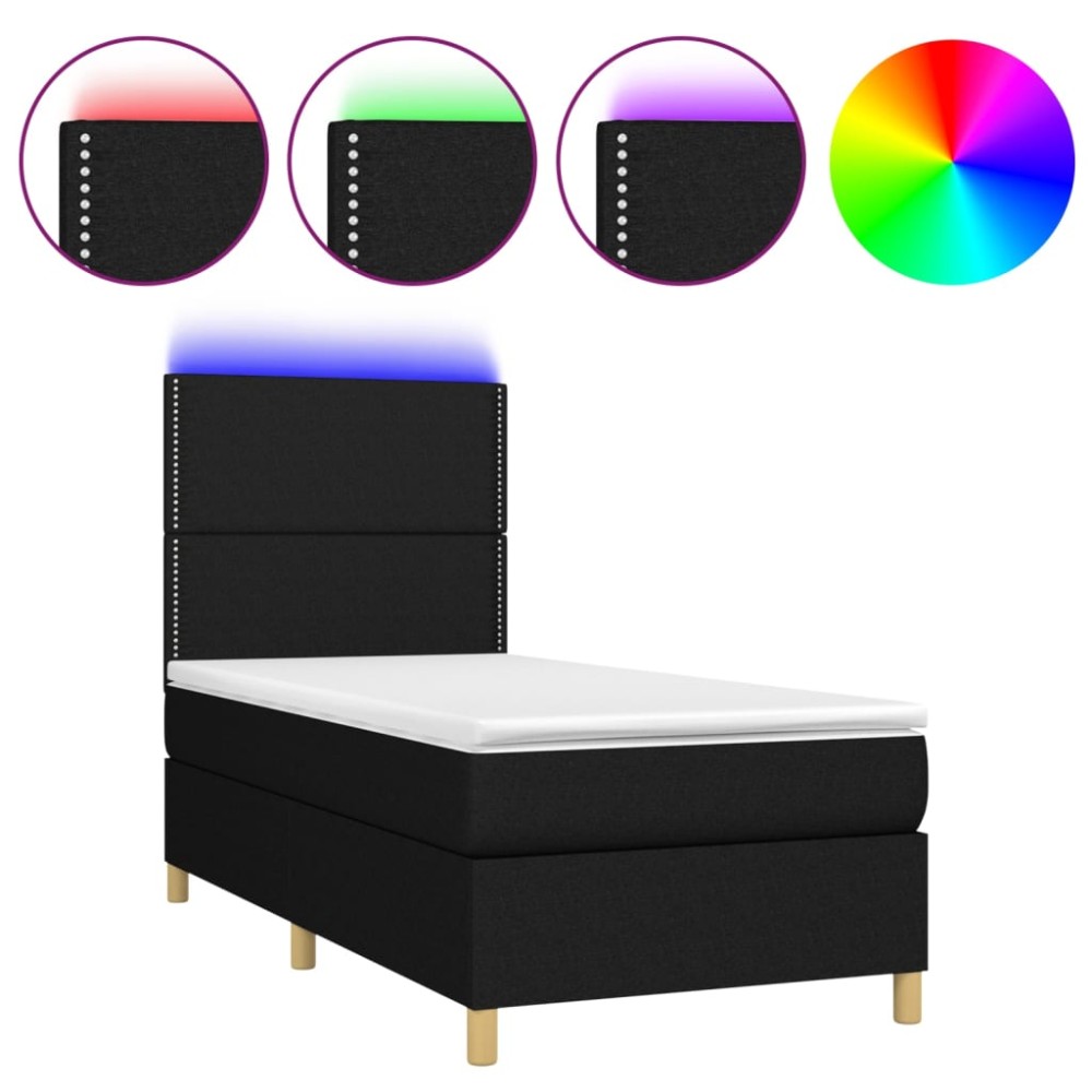 vidaXL Pat cu arcuri, saltea și LED, negru, 90x200 cm, textil