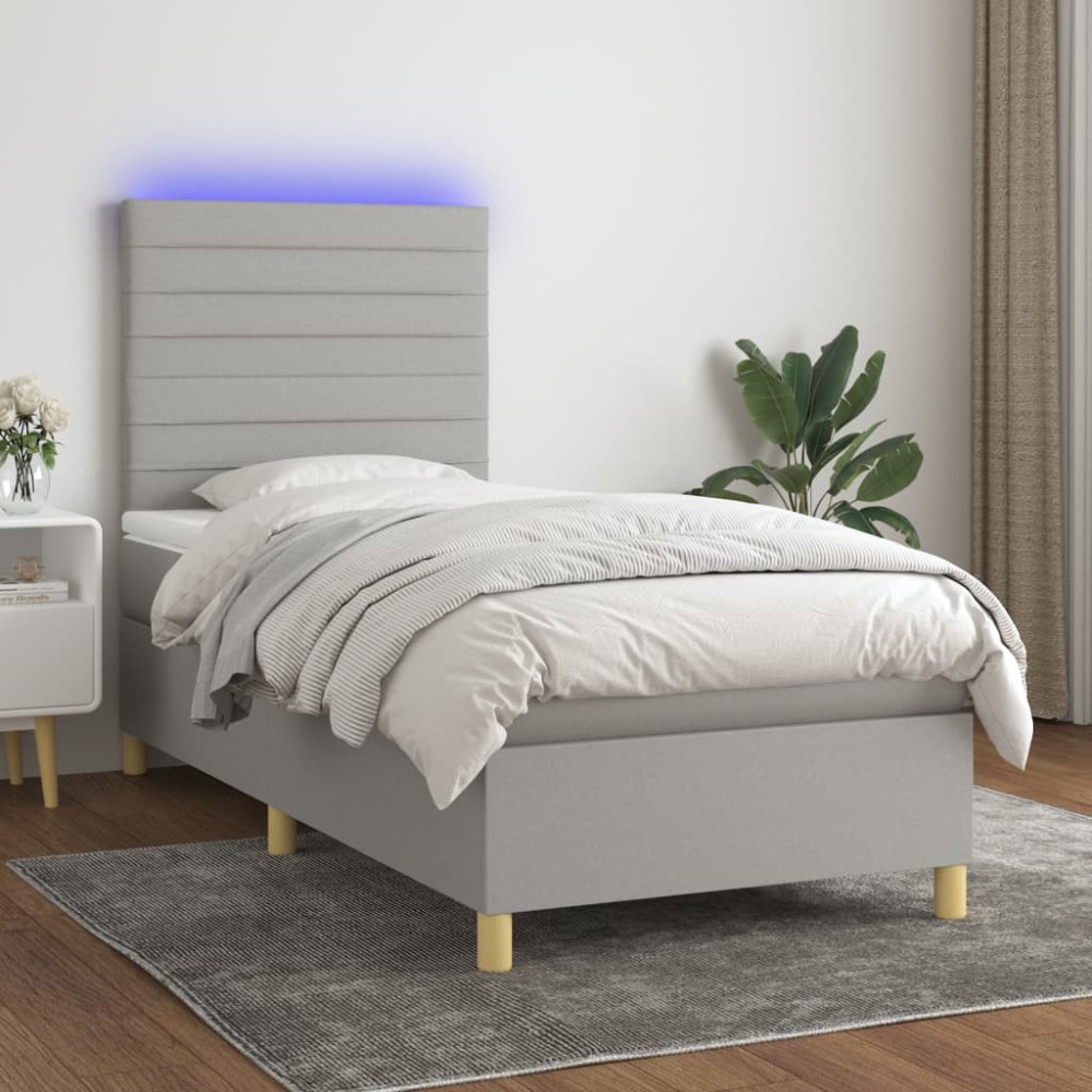vidaXL Pat cu arcuri, saltea și LED, gri deschis, 80x200 cm, textil