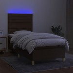 vidaXL Pat cu arcuri, saltea și LED, maro închis, 90x200 cm, textil vidaXL Pat cu arcuri, saltea și LED, maro închis, 90x200 cm, textil
