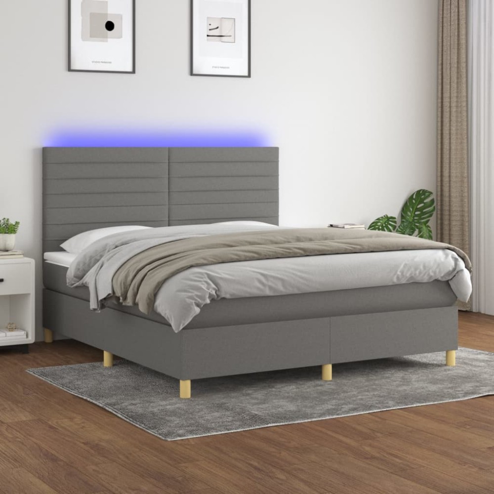 vidaXL Pat cu arcuri, saltea și LED, gri închis, 180x200 cm, textil