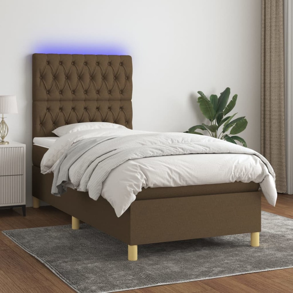 vidaXL Pat cu arcuri, saltea și LED, maro închis, 80x200 cm, textil