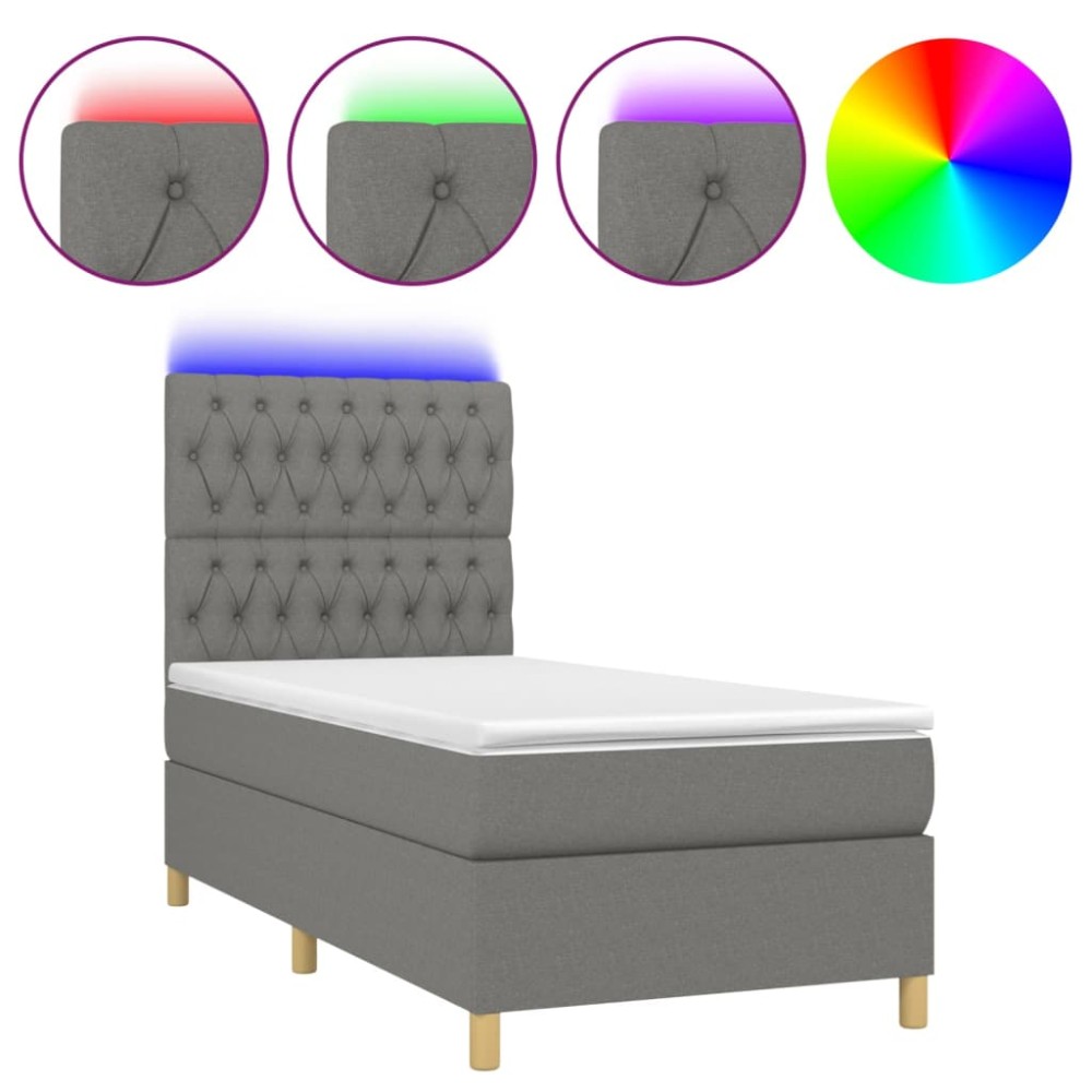 vidaXL Pat cu arcuri, saltea și LED, gri închis, 90x200 cm, textil