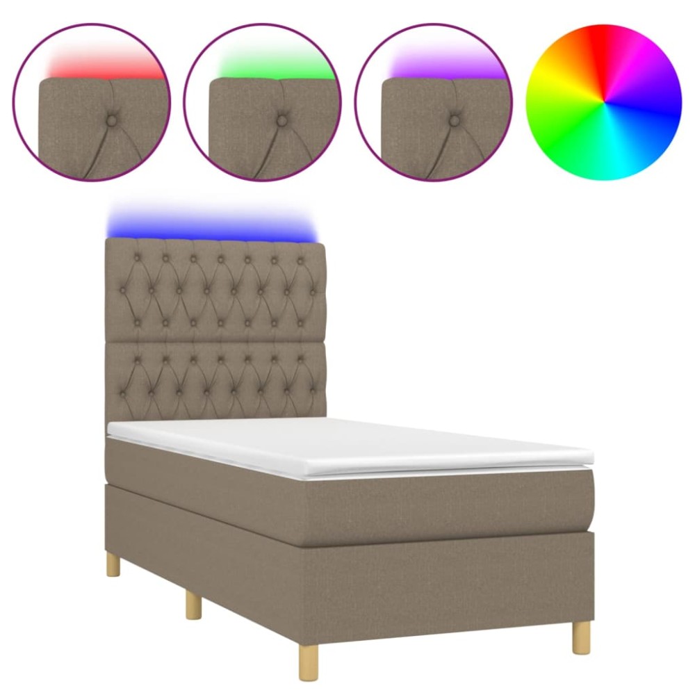 vidaXL Pat cu arcuri, saltea și LED, gri taupe, 90x200 cm, textil