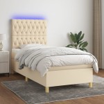 vidaXL Pat cu arcuri, saltea și LED, crem, 90x200 cm, textil vidaXL Pat cu arcuri, saltea și LED, crem, 90x200 cm, textil