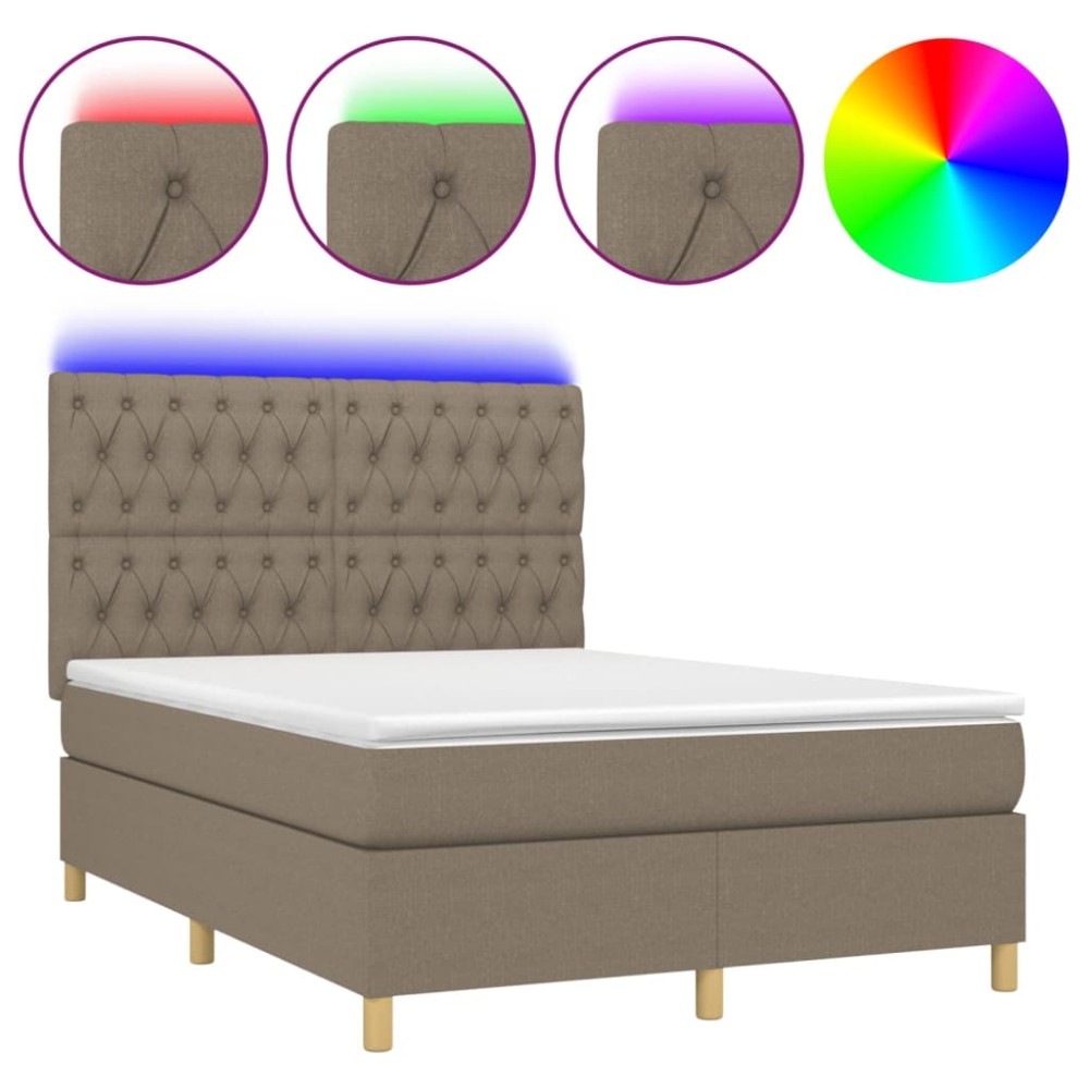 vidaXL Pat cu arcuri, saltea și LED, gri taupe, 140x190 cm, textil