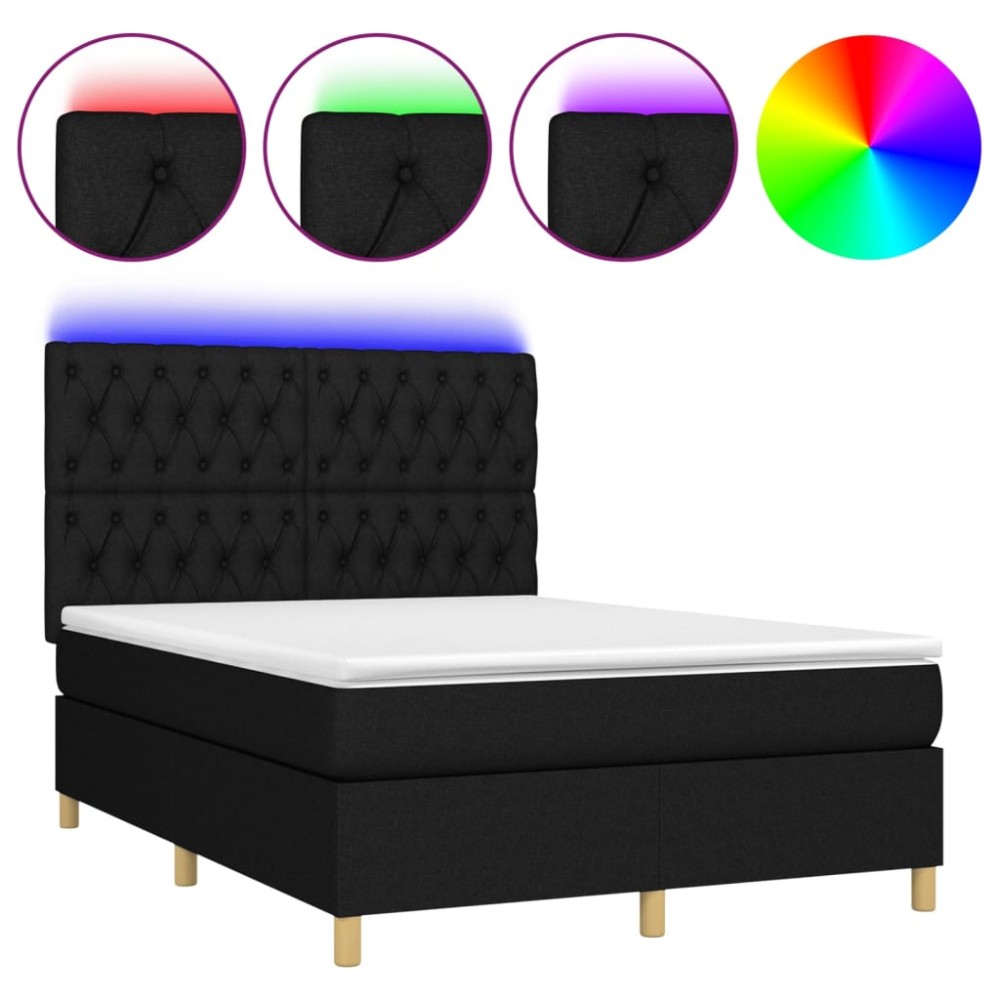 vidaXL Pat cu arcuri, saltea și LED, negru, 140x200 cm, textil