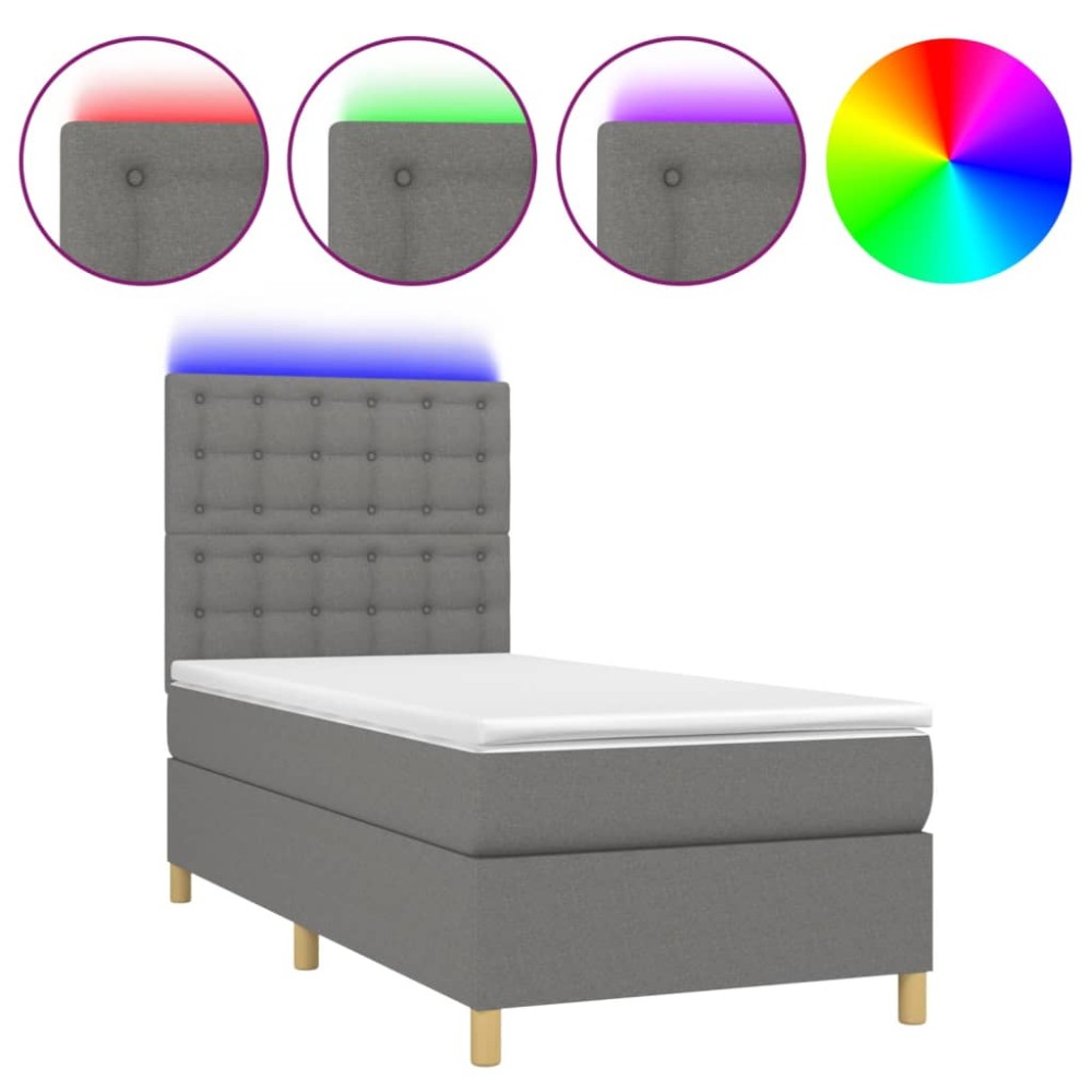 vidaXL Pat cu arcuri, saltea și LED, gri închis, 90x190 cm, textil