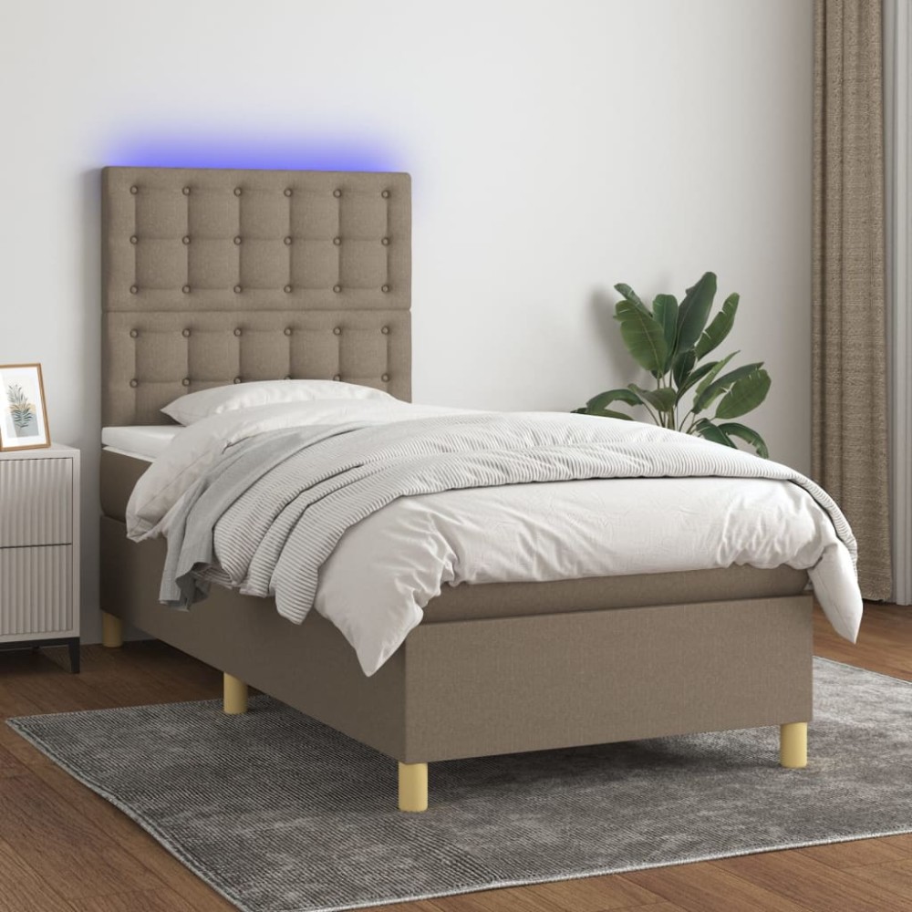 vidaXL Pat cu arcuri, saltea și LED, gri taupe, 90x190 cm, textil