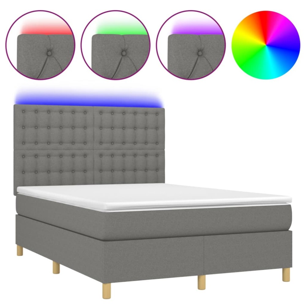 vidaXL Pat cu arcuri, saltea și LED, gri închis, 140x190 cm, textil