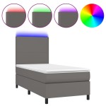 vidaXL Pat cu arcuri, saltea și LED, gri, 90x190 cm, piele ecologică