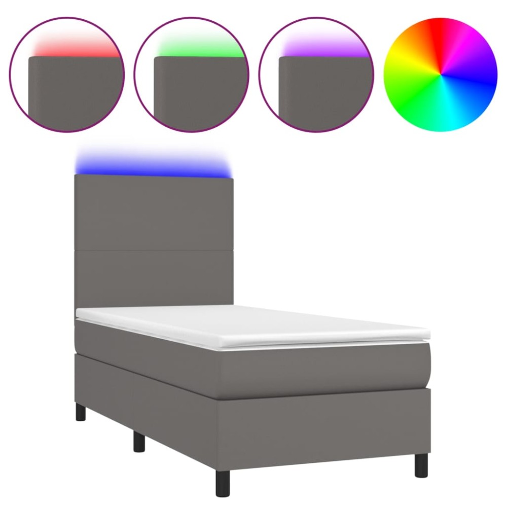 vidaXL Pat cu arcuri, saltea și LED, gri, 90x200 cm, piele ecologică