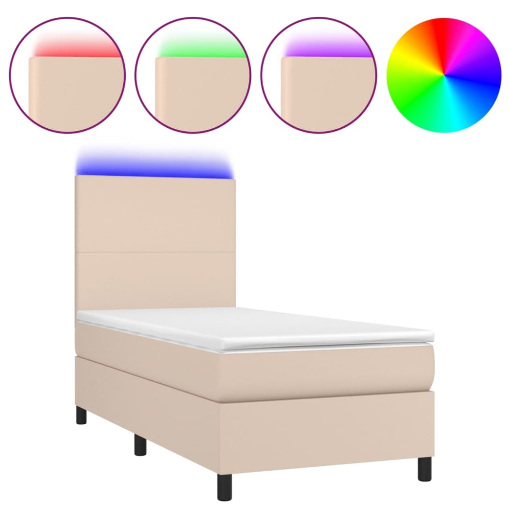 vidaXL Pat cu arcuri, cu saltea și LED, cappuccino 90x200 cm piele eco