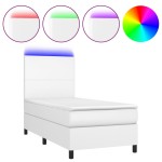 vidaXL Pat cu arcuri, saltea și LED, alb, 100x200 cm, piele ecologică