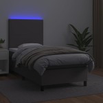 vidaXL Pat cu arcuri, saltea și LED, gri, 100x200 cm, piele ecologică