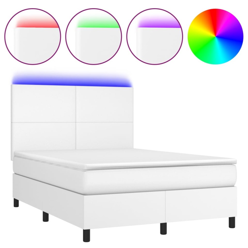 vidaXL Pat cu arcuri, cu saltea & LED, alb, 140x190 cm, piele eco