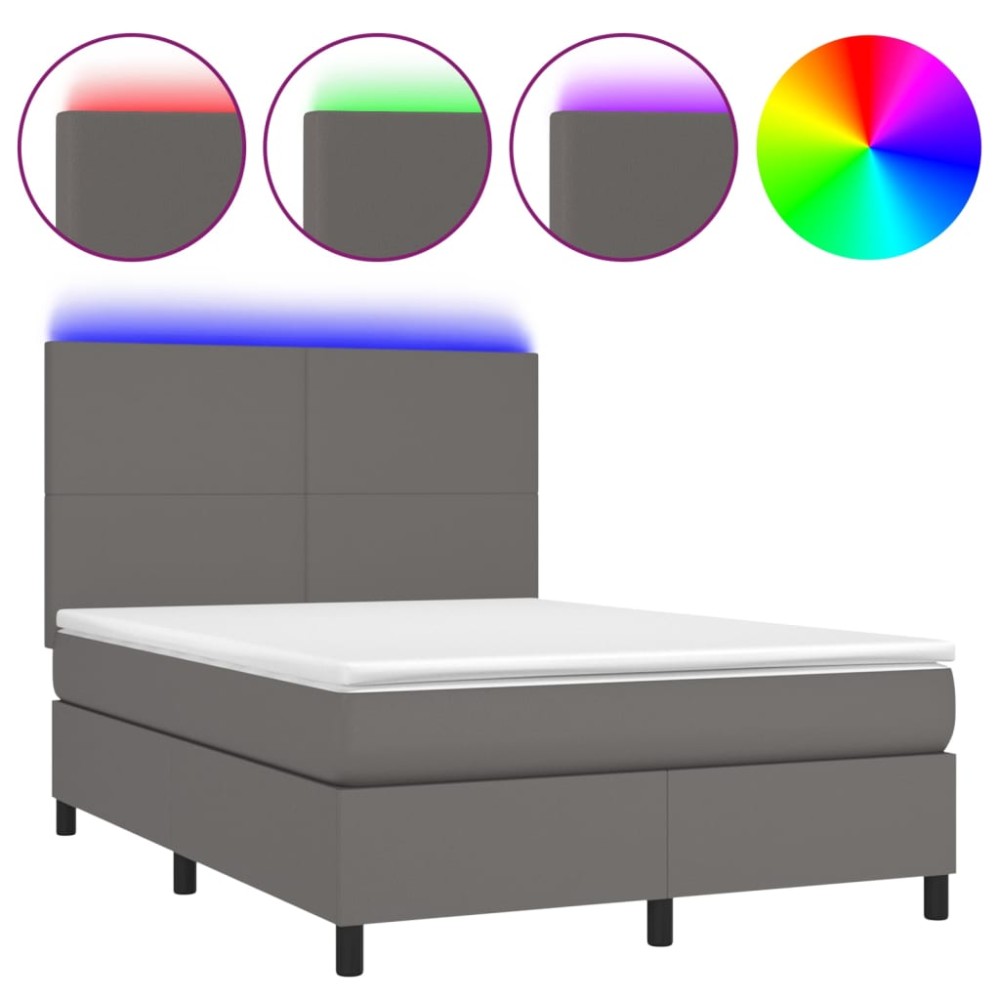 vidaXL Pat cu arcuri, cu saltea & LED, gri, 140x190 cm, piele eco