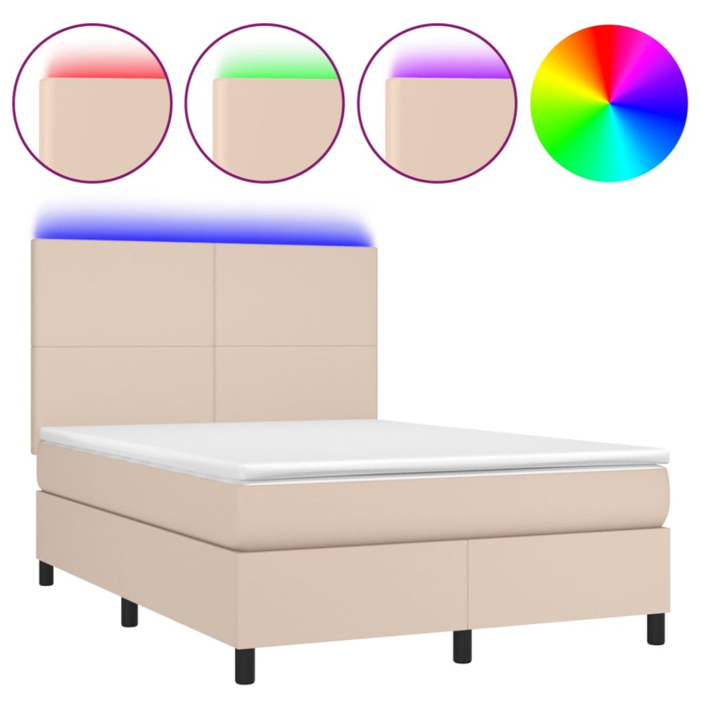 vidaXL Pat cu arcuri, cu saltea și LED cappuccino 140x190 cm piele eco