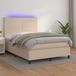 vidaXL Pat cu arcuri, saltea și LED, cappuccino, 140x200cm, piele eco