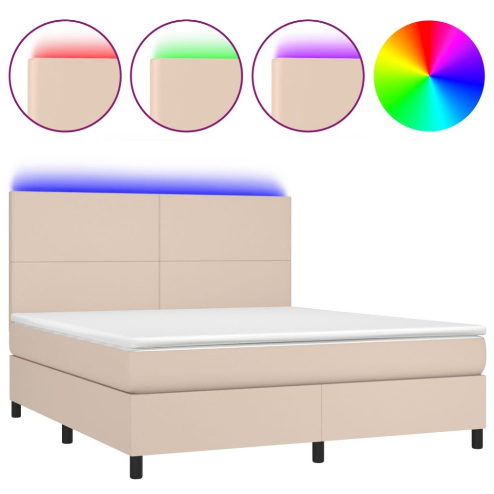 vidaXL Pat cu arcuri, cu saltea și LED, cappuccino 160x200cm piele eco