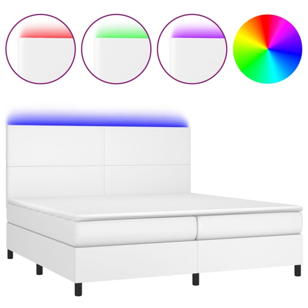 vidaXL Pat cu arcuri, saltea și LED, alb, 200x200 cm, piele ecologică