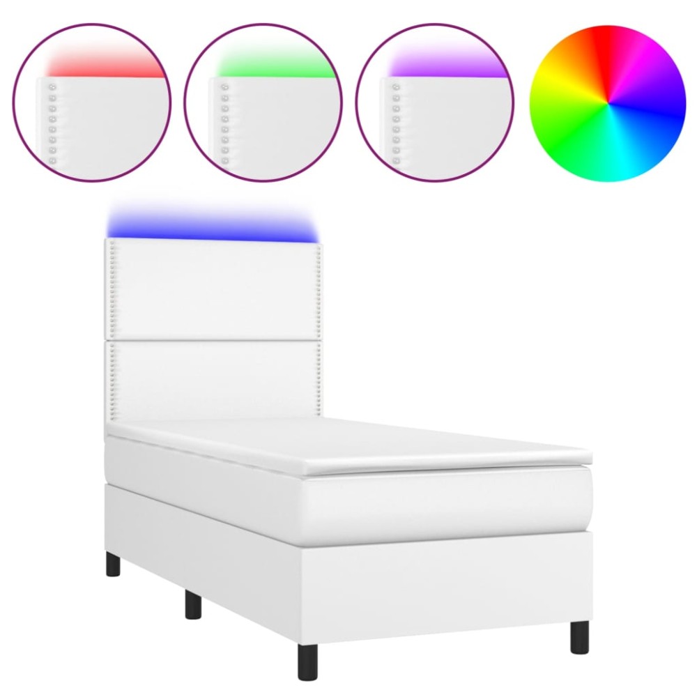 vidaXL Pat cu arcuri, saltea și LED, alb, 90x190 cm, piele ecologică