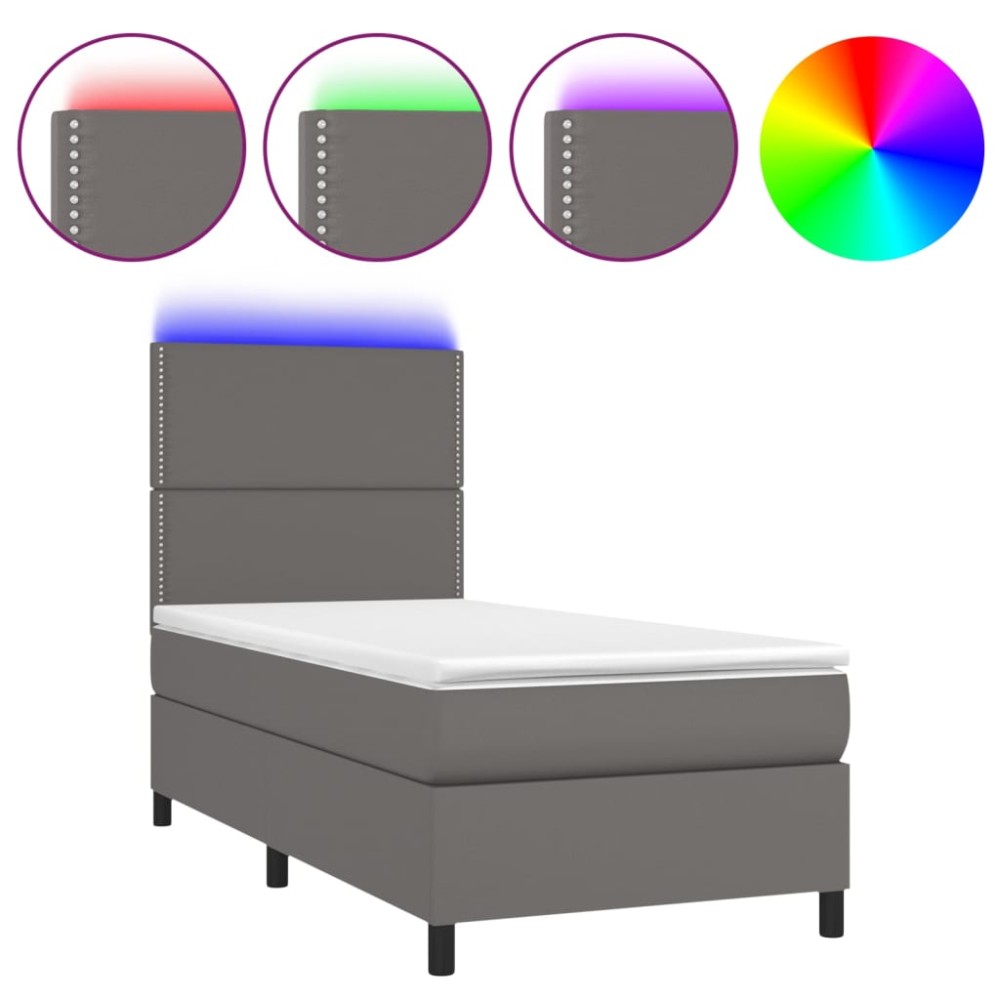 vidaXL Pat cu arcuri, saltea și LED, gri, 90x190 cm, piele ecologică