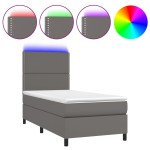 vidaXL Pat cu arcuri, saltea și LED, gri, 90x190 cm, piele ecologică