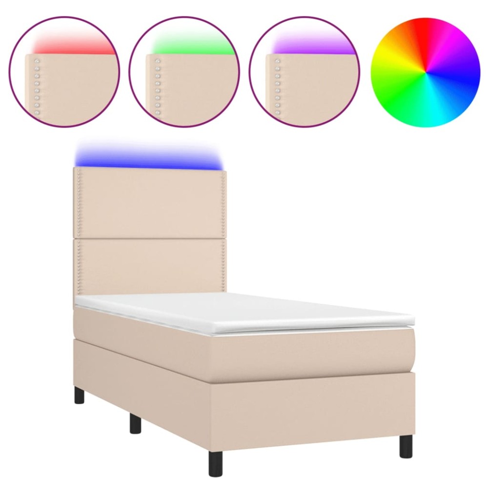 vidaXL Pat cu arcuri, saltea și LED, cappuccino, 90x190 cm, piele eco