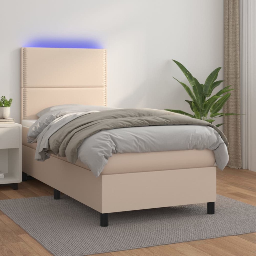 vidaXL Pat cu arcuri, saltea și LED, cappuccino, 100x200cm, piele eco