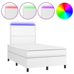 vidaXL Pat cu arcuri, saltea și LED, alb, 120x200 cm, piele ecologică