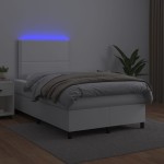 vidaXL Pat cu arcuri, saltea și LED, alb, 120x200 cm, piele ecologică