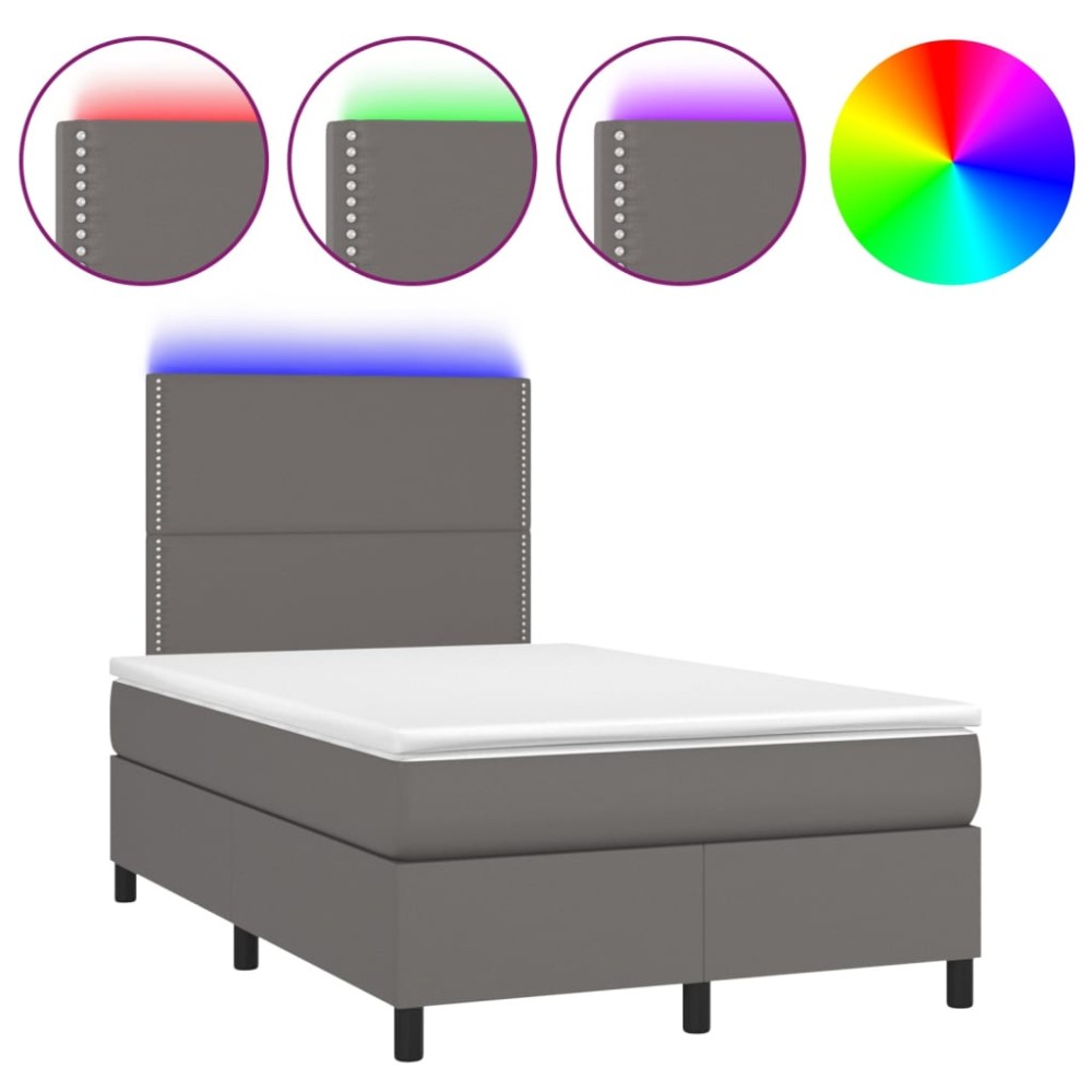 vidaXL Pat cu arcuri, saltea și LED, gri, 120x200 cm, piele ecologică