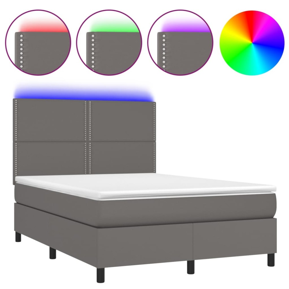 vidaXL Pat cu arcuri, cu saltea & LED, gri, 140x190 cm, piele eco