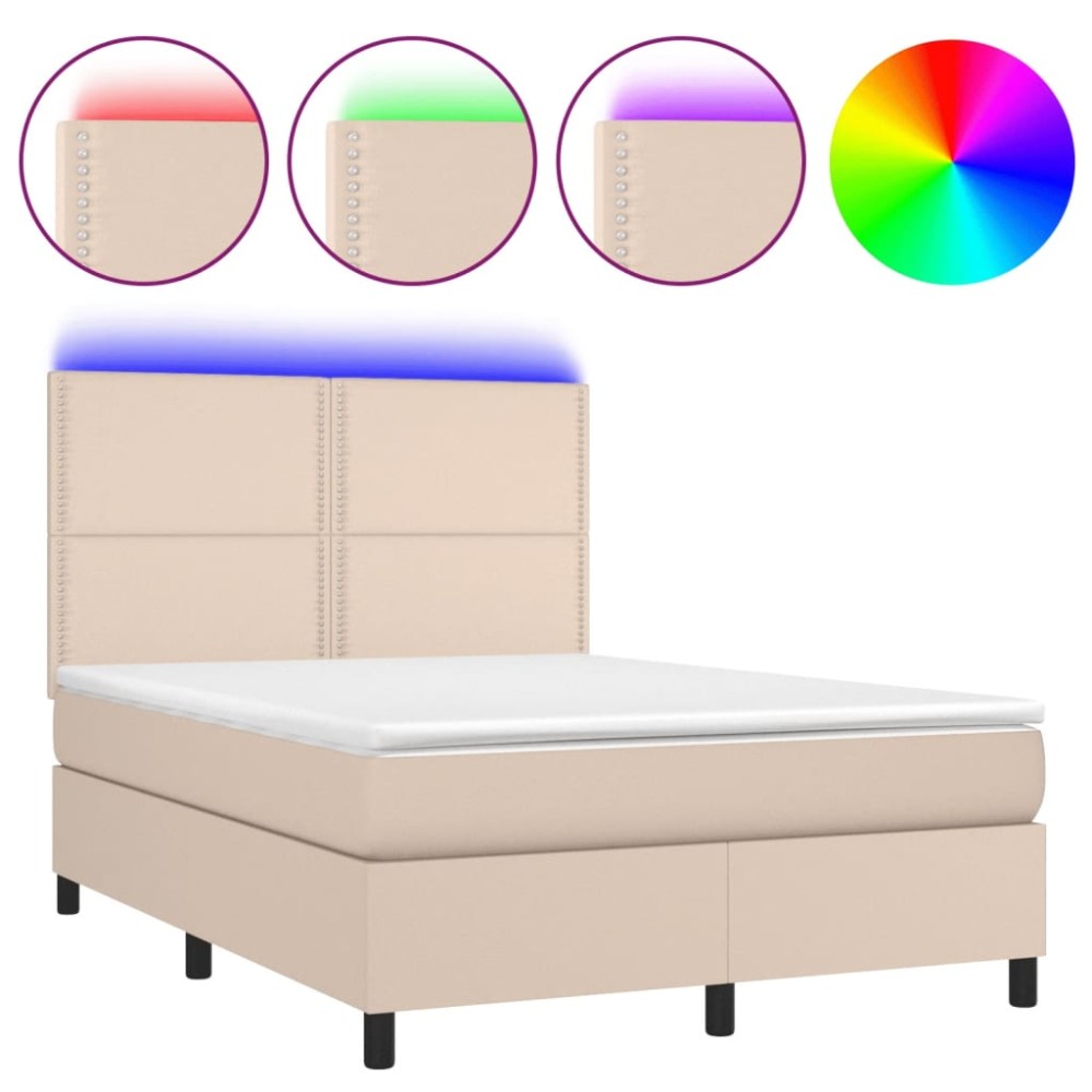 vidaXL Pat cu arcuri, cu saltea și LED cappuccino 140x190 cm piele eco